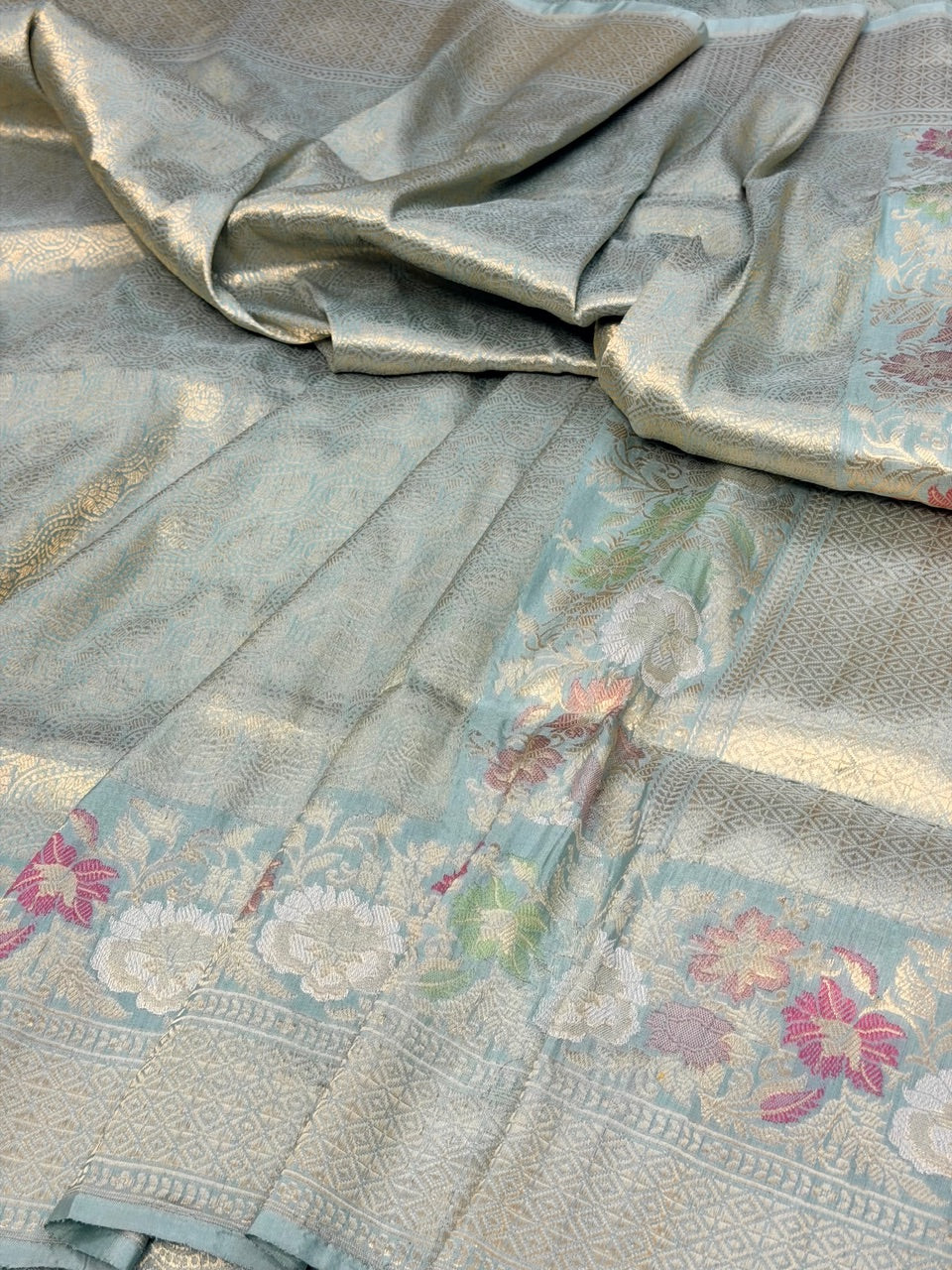 Seafoam Glow Pure katan silk handvowen banarasi saree