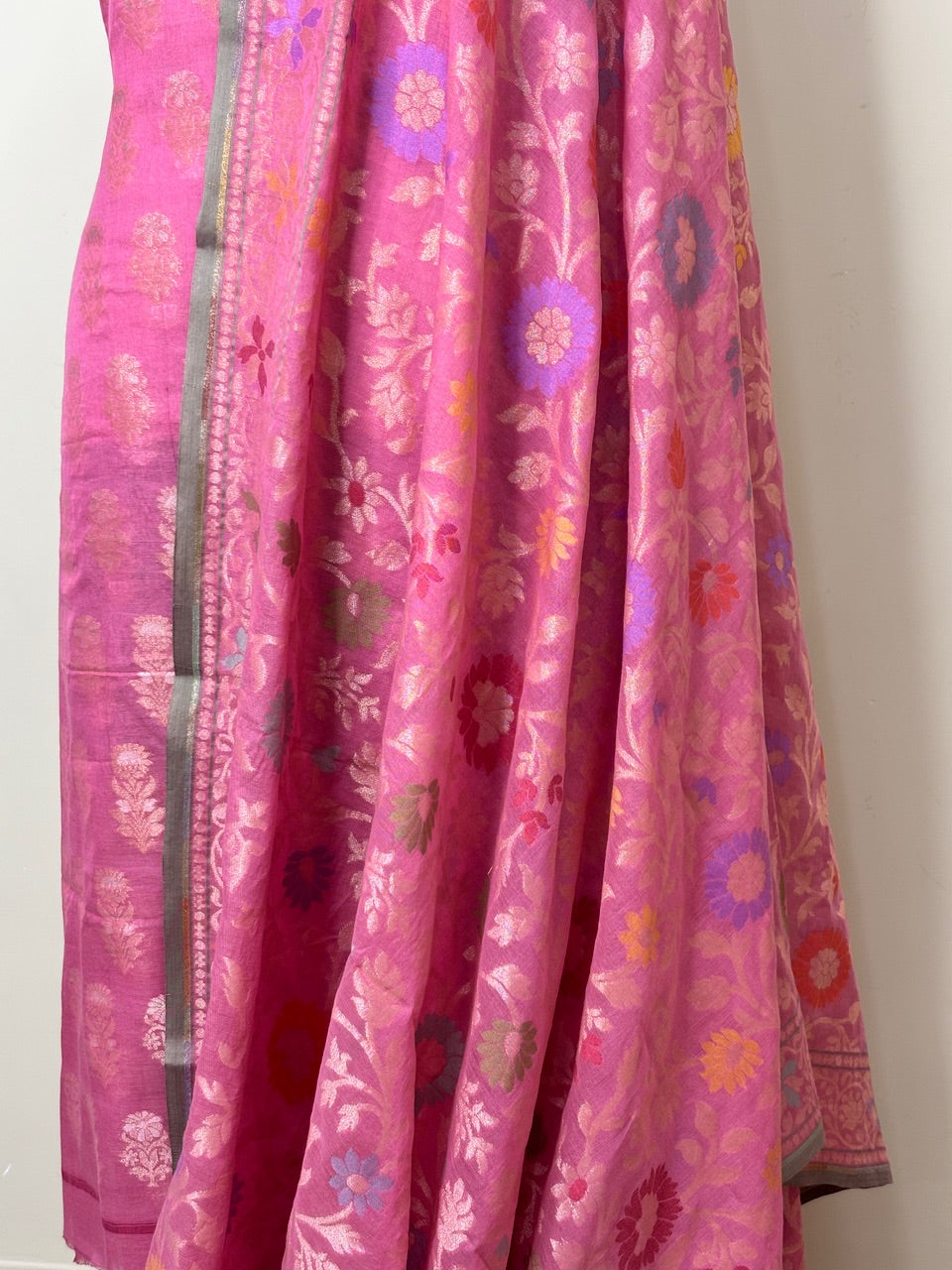 Baby Pink Pure Cotton Jmdani Silk  Suit Set with Dupatta