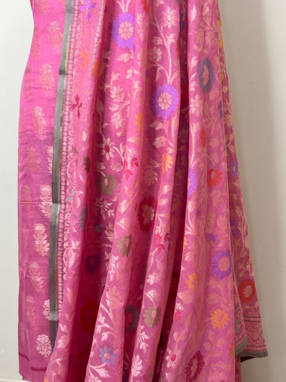 Baby Pink Pure Cotton Jmdani Silk  Suit Set with Dupatta