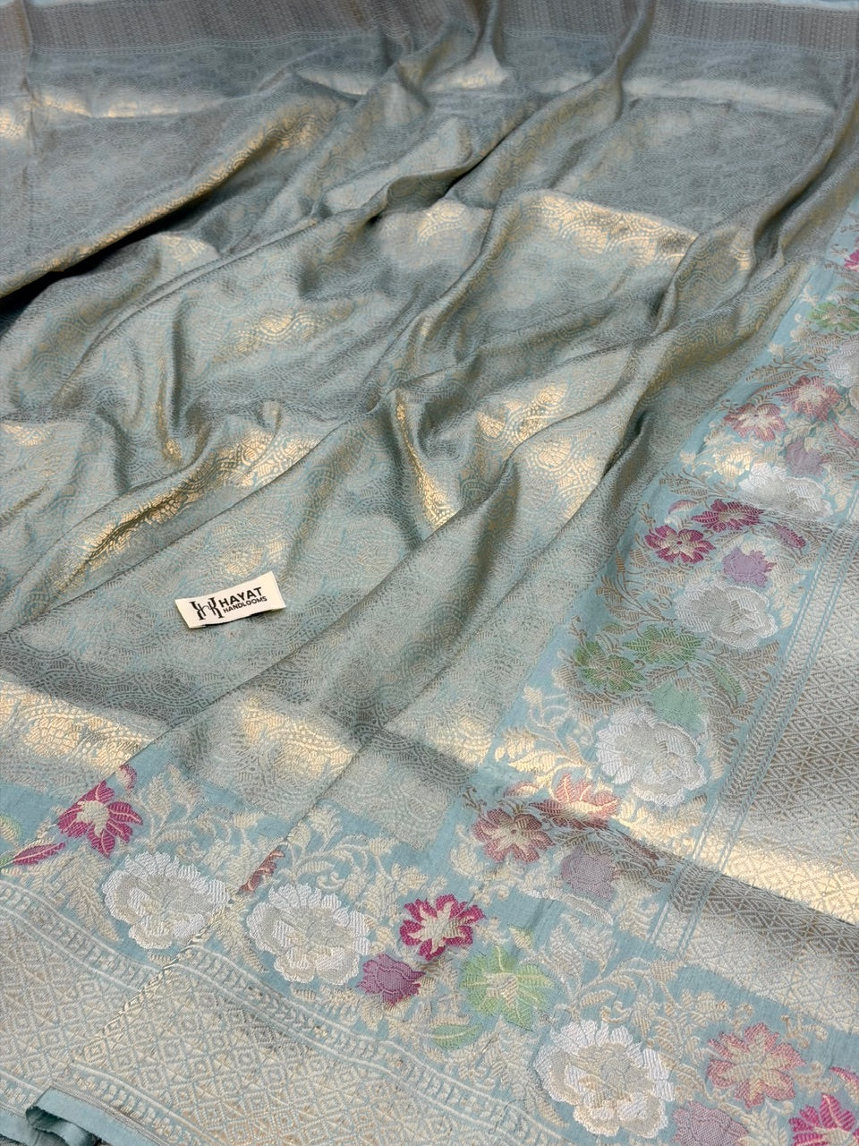Seafoam Glow Pure katan silk handvowen banarasi saree