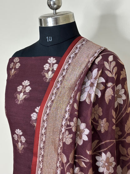 Brown Pure Cotton Jmdani Silk  Suit Set with Dupatta