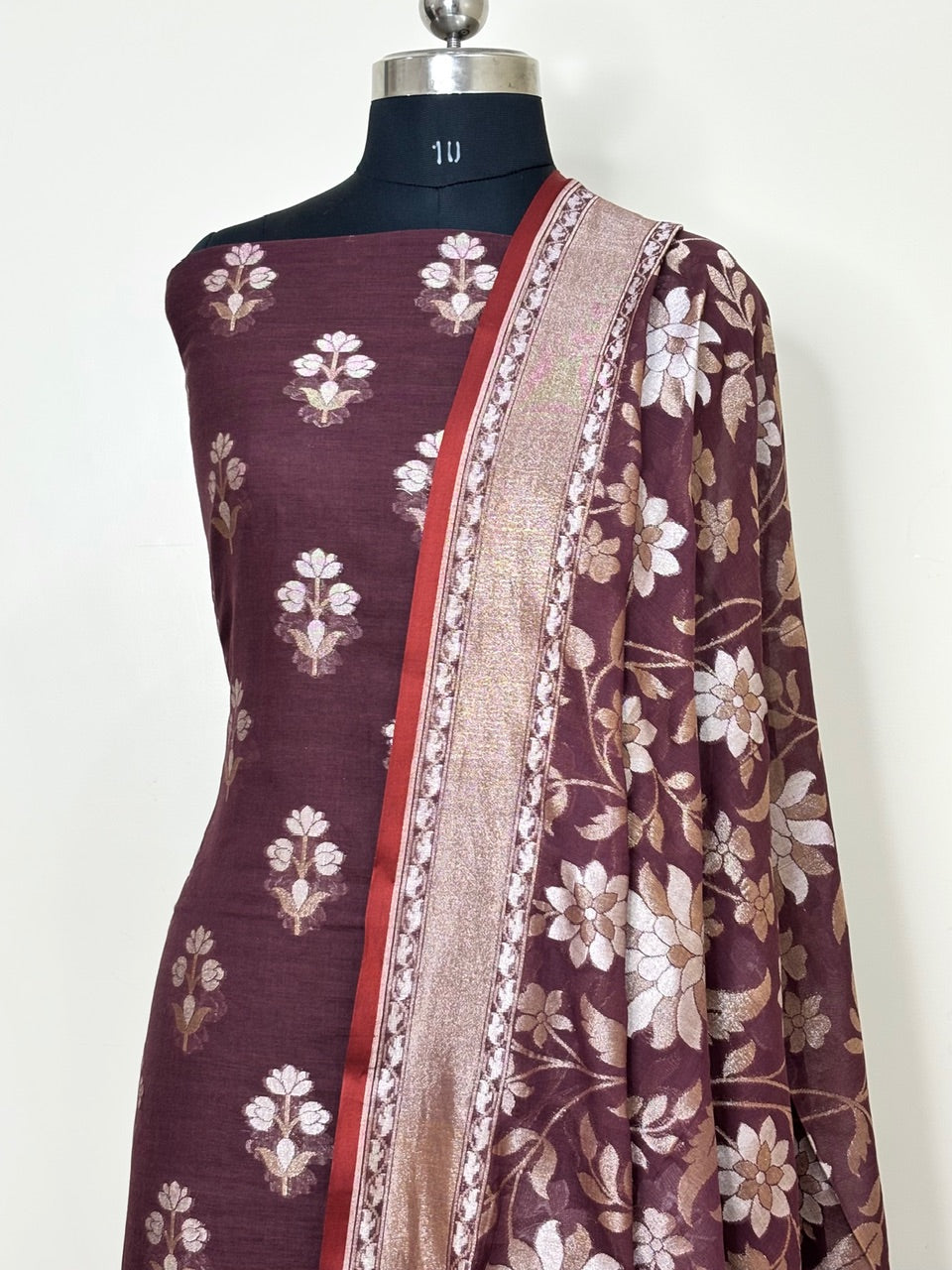 Brown Pure Cotton Jmdani Silk  Suit Set with Dupatta