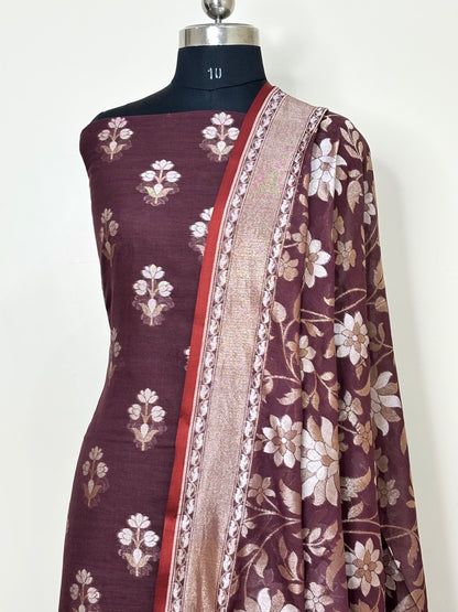 Brown Pure Cotton Jmdani Silk  Suit Set with Dupatta