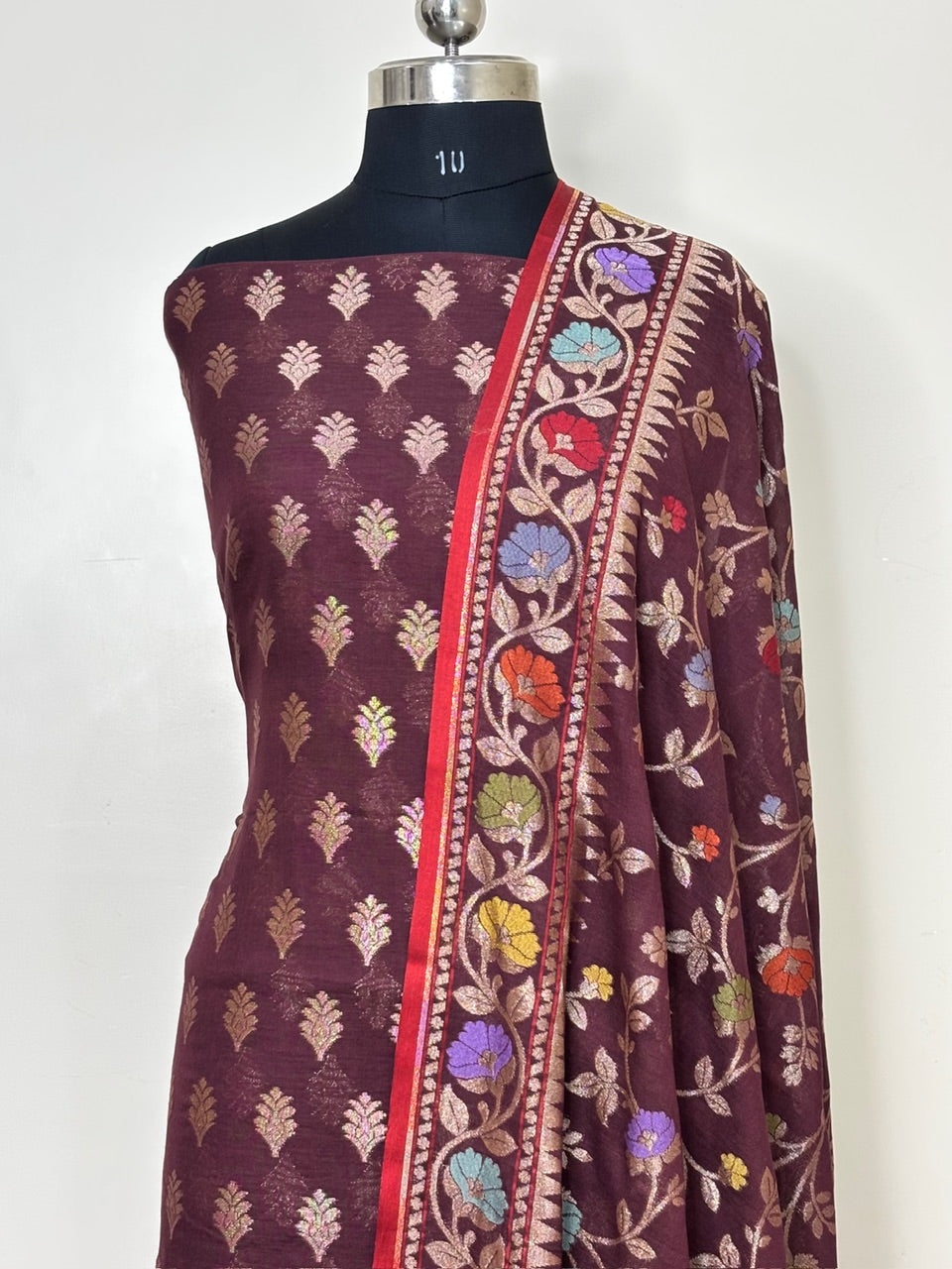 Brown Pure Cotton Jmdani Silk  Suit Set with Dupatta