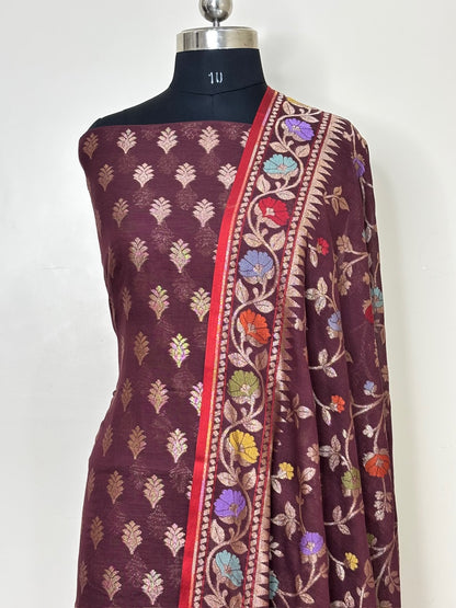 Brown Pure Cotton Jmdani Silk  Suit Set with Dupatta