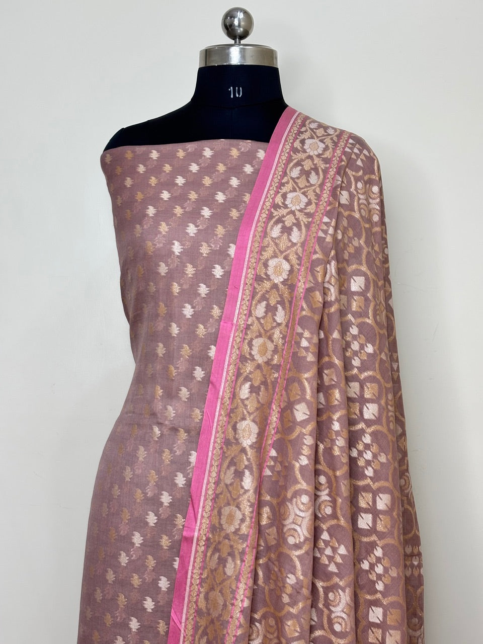 Mauve Pure Cotton Jmdani Silk  Suit Set with Dupatta