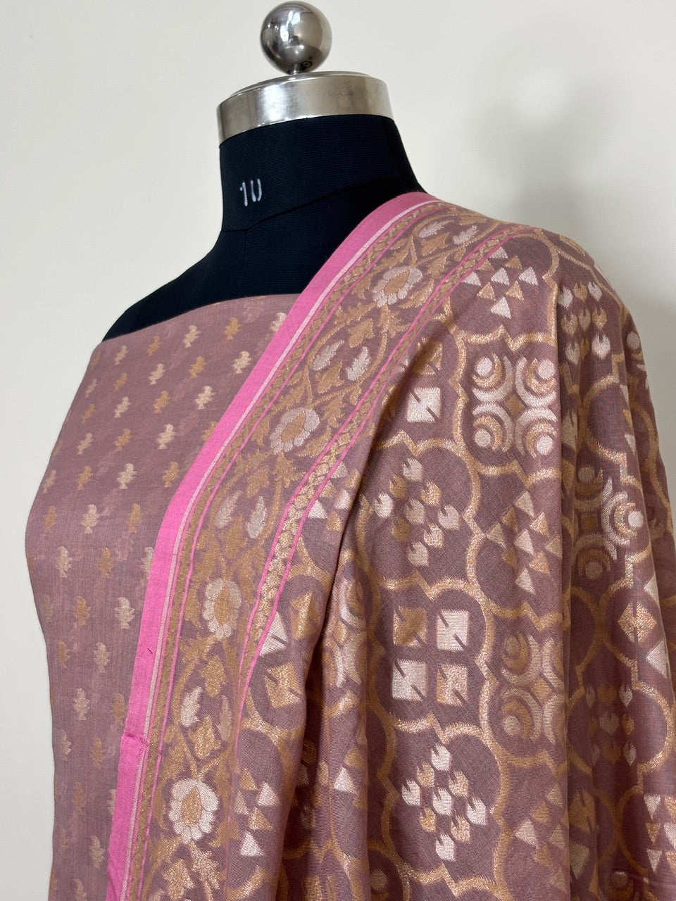 Mauve Pure Cotton Jmdani Silk  Suit Set with Dupatta