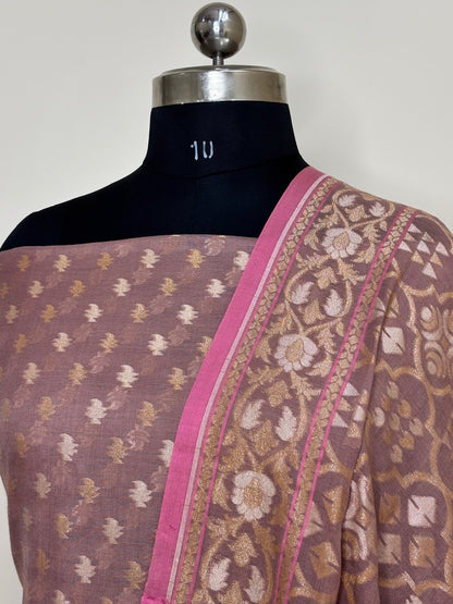 Mauve Pure Cotton Jmdani Silk  Suit Set with Dupatta