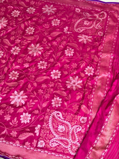 Hot Pink Pure Banarasi Ektara Jamdani Silk Handwoven Saree