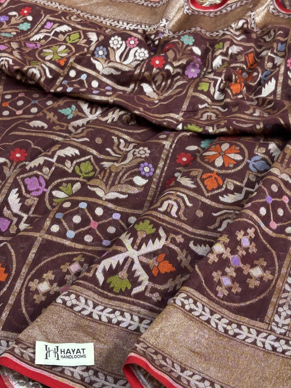 Brown Banarasi cotton Jamdani handloom Saree