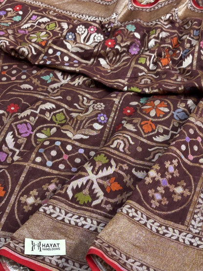 Brown Banarasi cotton Jamdani handloom Saree