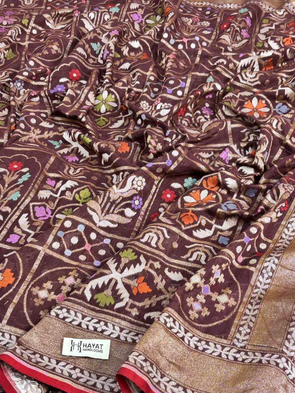 Brown Banarasi cotton Jamdani handloom Saree