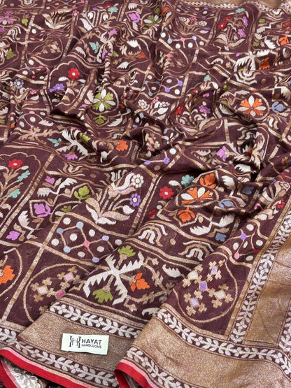Brown Banarasi cotton Jamdani handloom Saree