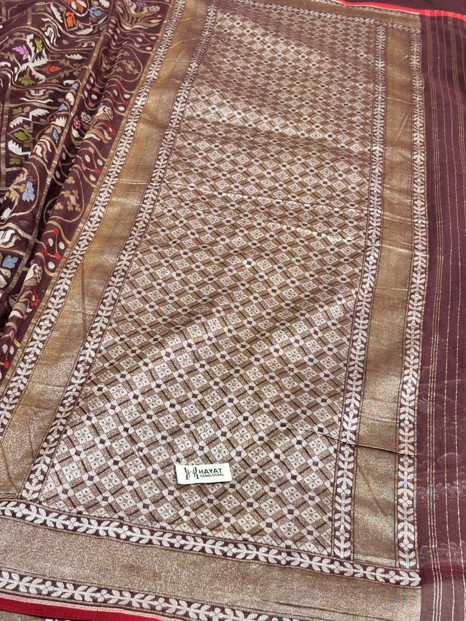 Brown Banarasi cotton Jamdani handloom Saree