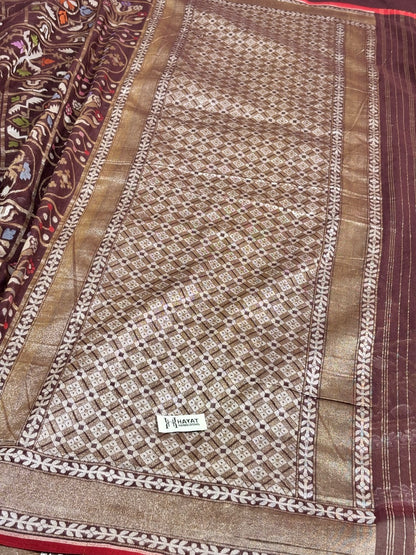 Brown Banarasi cotton Jamdani handloom Saree