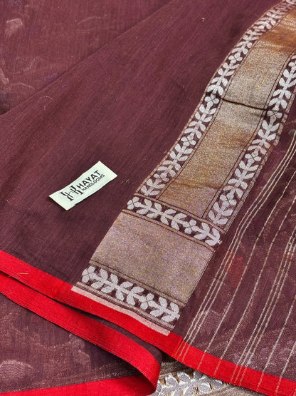 Brown Banarasi cotton Jamdani handloom Saree