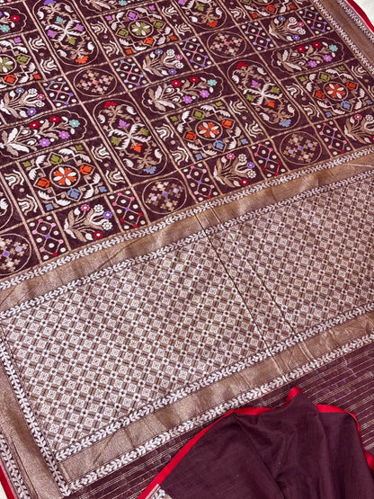 Brown Banarasi cotton Jamdani handloom Saree