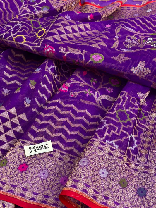 Purple Banarasi Kora Jamdani Silk Handwoven Saree