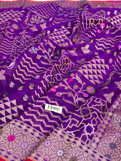 Purple Banarasi Kora Jamdani Silk Handwoven Saree