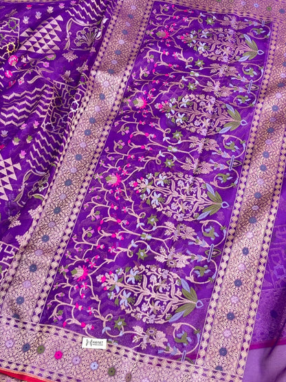 Purple Banarasi Kora Jamdani Silk Handwoven Saree