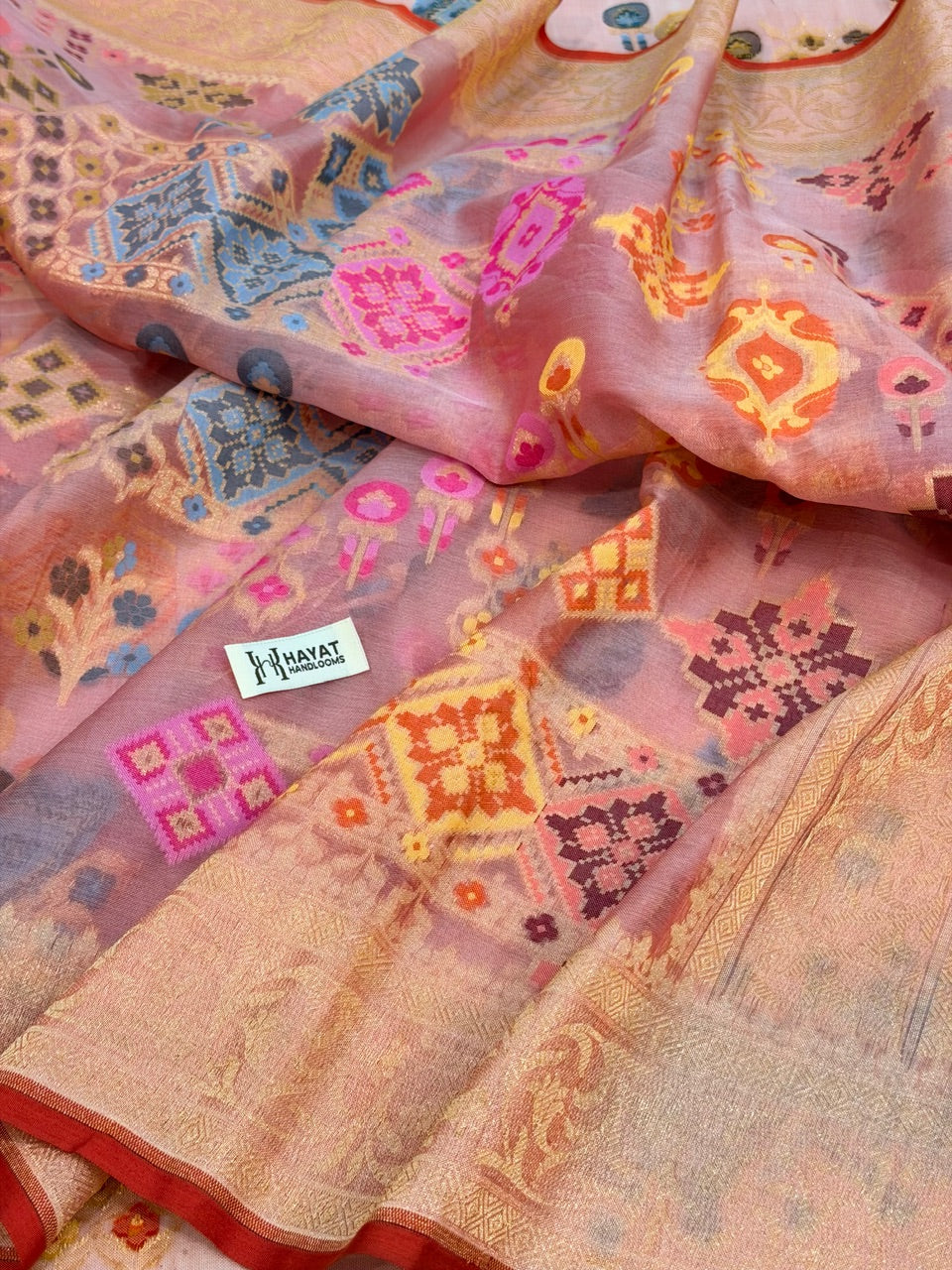 Peach Banarasi Kora Jamdani Silk Handwoven Saree