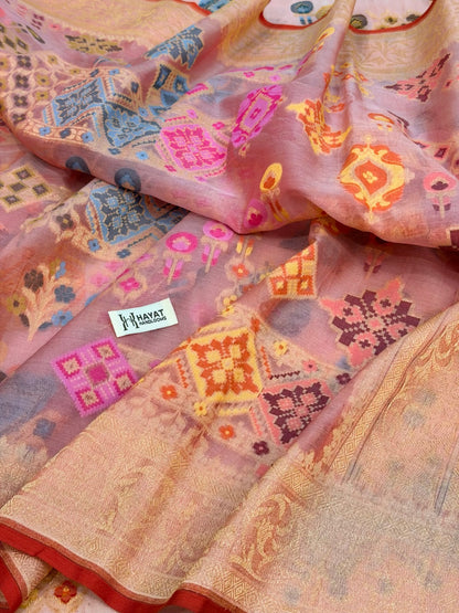 Peach Banarasi Kora Jamdani Silk Handwoven Saree