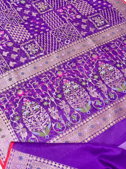 Purple Banarasi Kora Jamdani Silk Handwoven Saree