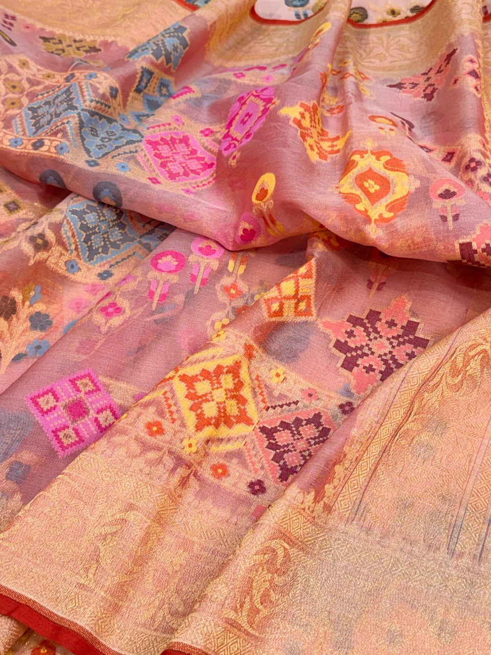 Peach Banarasi Kora Jamdani Silk Handwoven Saree