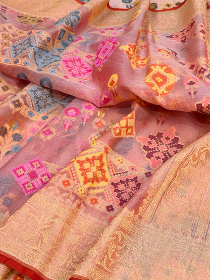 Peach Banarasi Kora Jamdani Silk Handwoven Saree