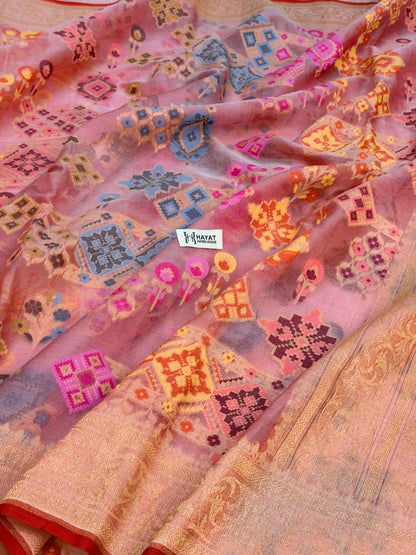 Peach Banarasi Kora Jamdani Silk Handwoven Saree