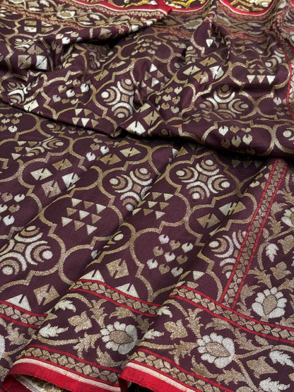 Brown Pure Banarasi Ektara Jamdani Silk Handwoven Saree