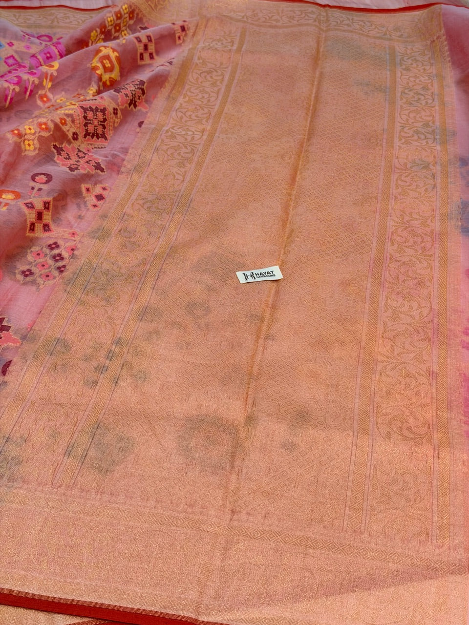 Peach Banarasi Kora Jamdani Silk Handwoven Saree