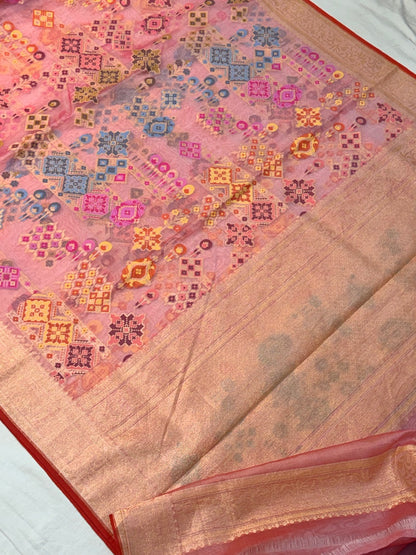 Peach Banarasi Kora Jamdani Silk Handwoven Saree