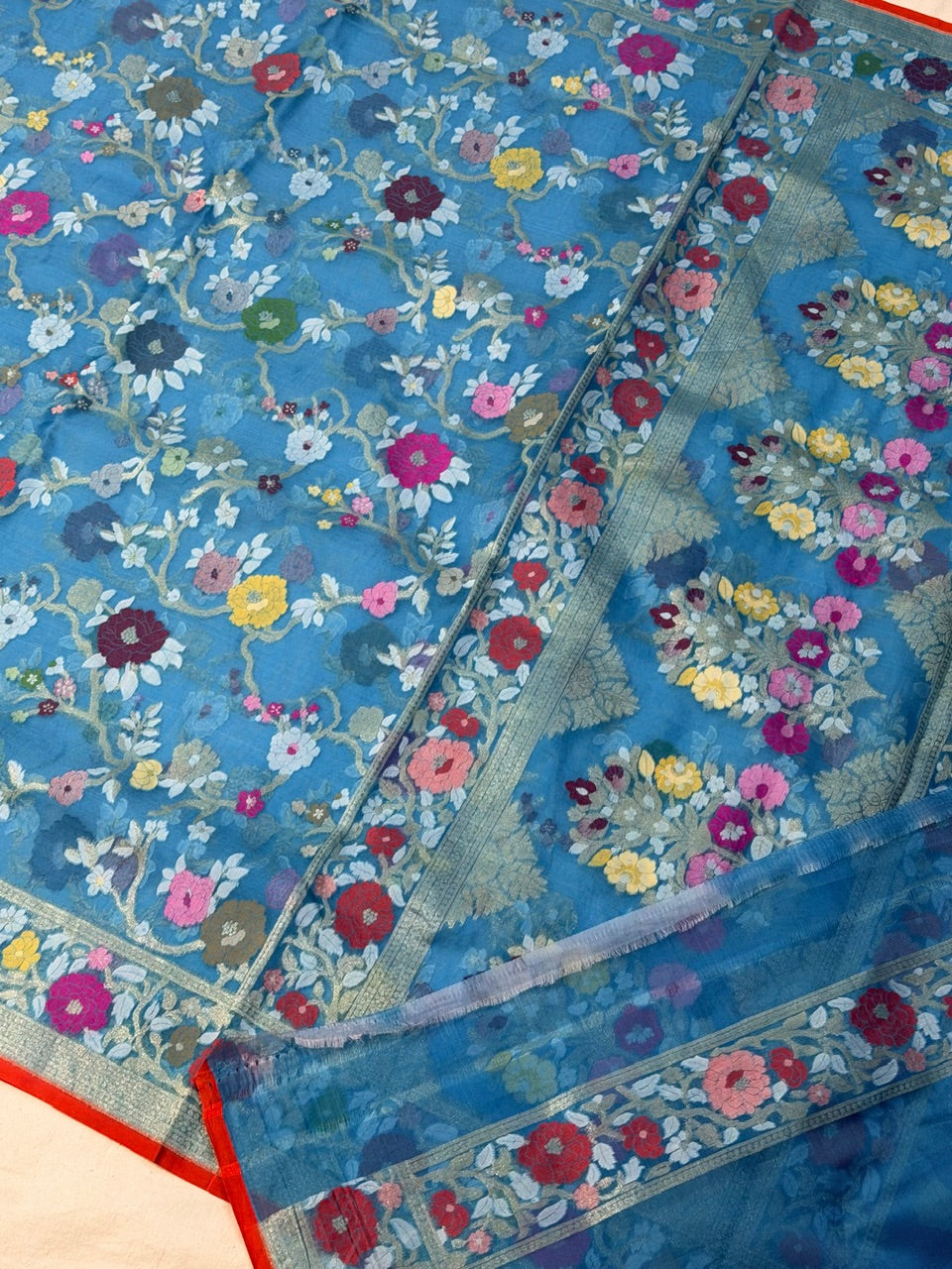Teal Blue Banarasi Kora Jamdani Silk Handwoven Saree