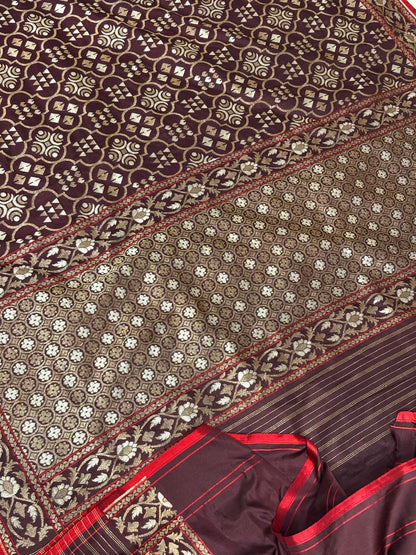 Brown Pure Banarasi Ektara Jamdani Silk Handwoven Saree