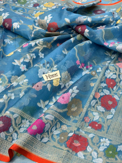 Teal Blue Banarasi Kora Jamdani Silk Handwoven Saree