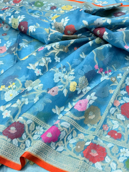 Teal Blue Banarasi Kora Jamdani Silk Handwoven Saree