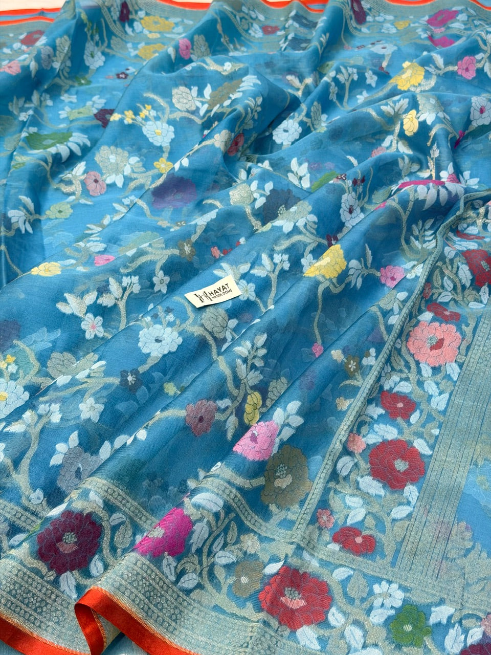 Teal Blue Banarasi Kora Jamdani Silk Handwoven Saree