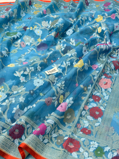 Teal Blue Banarasi Kora Jamdani Silk Handwoven Saree