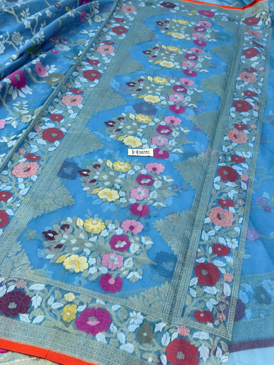 Teal Blue Banarasi Kora Jamdani Silk Handwoven Saree