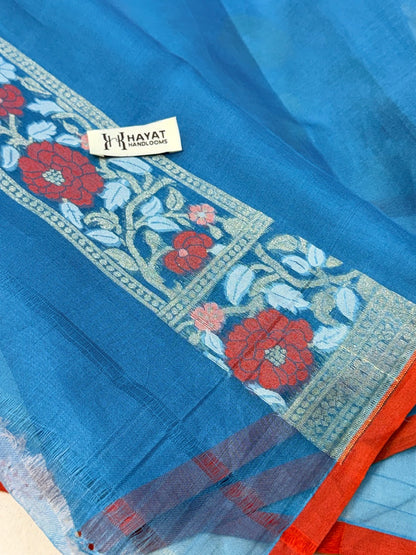Teal Blue Banarasi Kora Jamdani Silk Handwoven Saree