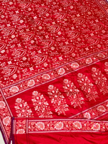 Red Pure Banarasi Ektara Jamdani Silk Handwoven Saree