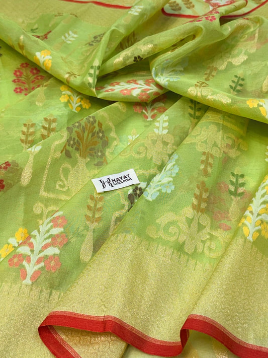 Pista Green Banarasi Kora Jamdani Silk Handwoven Saree