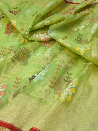 Pista Green Banarasi Kora Jamdani Silk Handwoven Saree