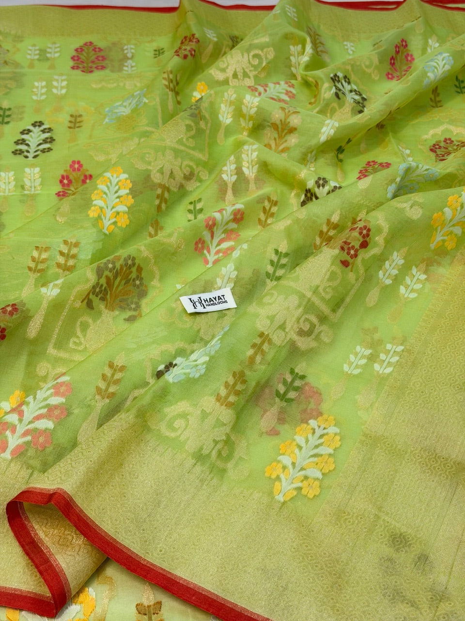 Pista Green Banarasi Kora Jamdani Silk Handwoven Saree
