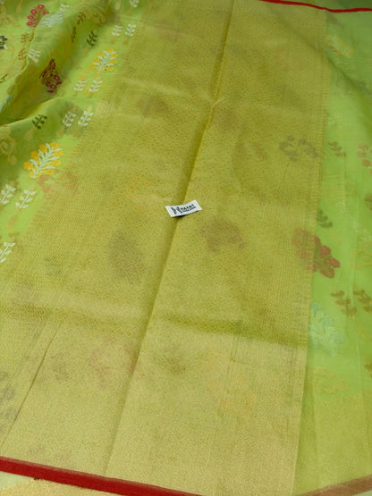 Pista Green Banarasi Kora Jamdani Silk Handwoven Saree