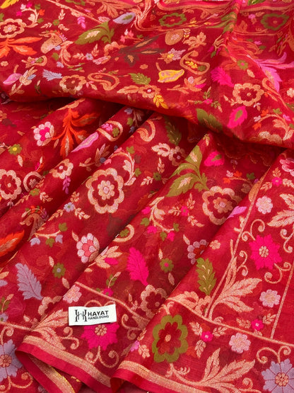 Red Banarasi Kora Jamdani Silk Handwoven Saree