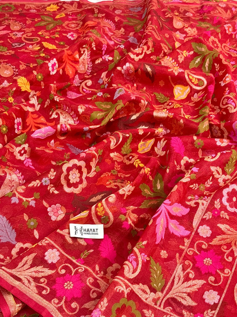Red Banarasi Kora Jamdani Silk Handwoven Saree
