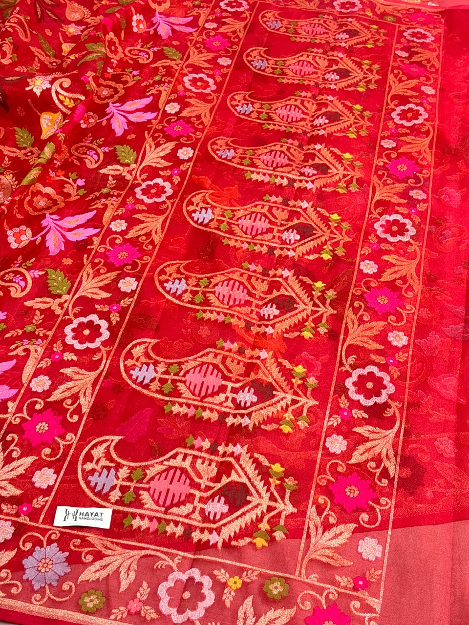 Red Banarasi Kora Jamdani Silk Handwoven Saree