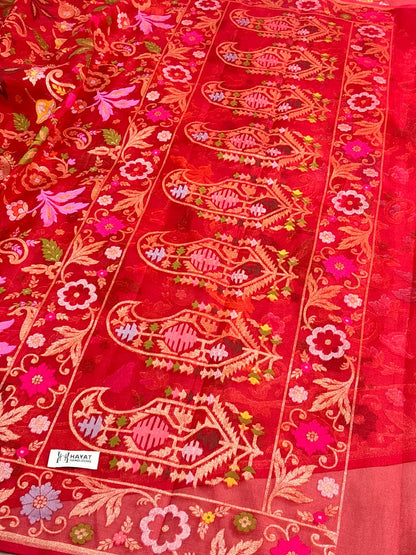Red Banarasi Kora Jamdani Silk Handwoven Saree